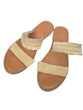 Woven Straw Dual-Band Slide Sandals - Tan